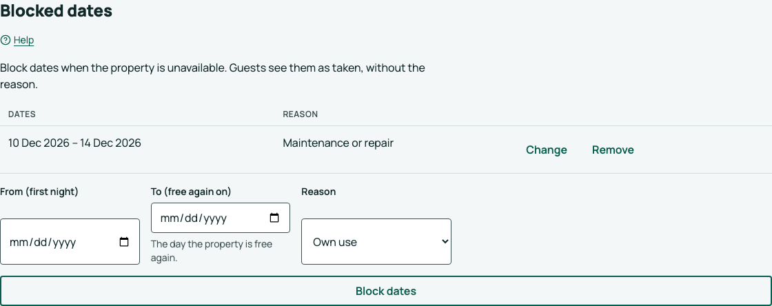 The Blocked dates section