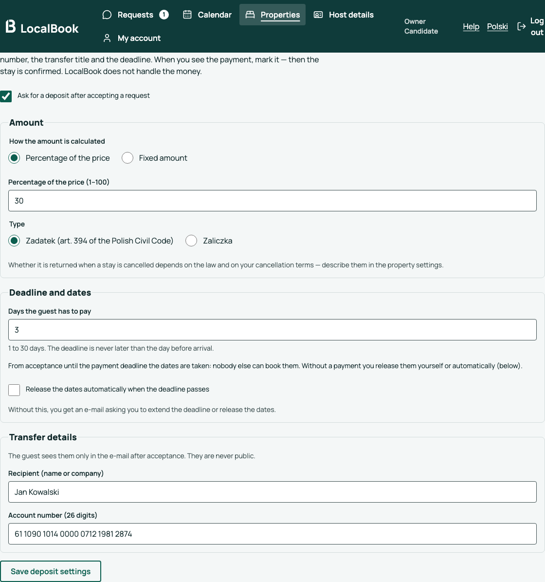 The Deposit section with the amount, the deadline and the transfer details