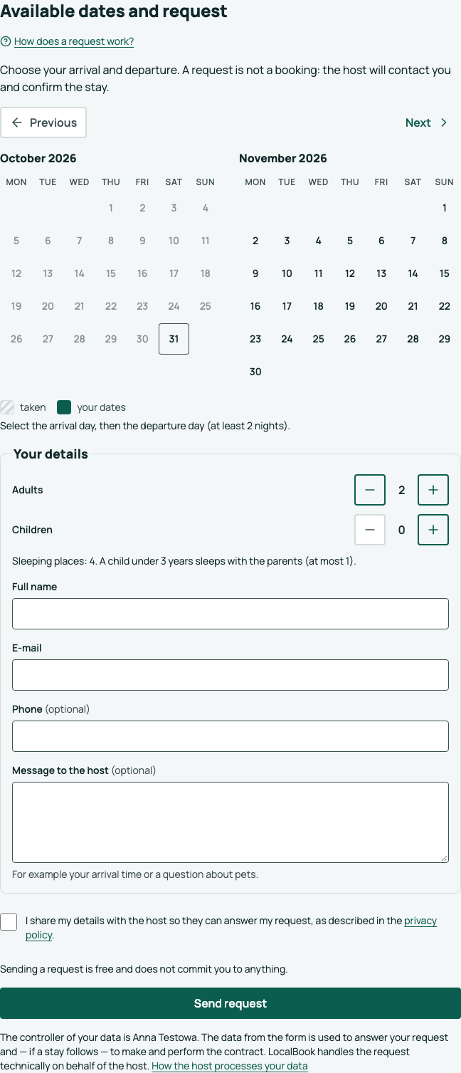 The request form on the property page