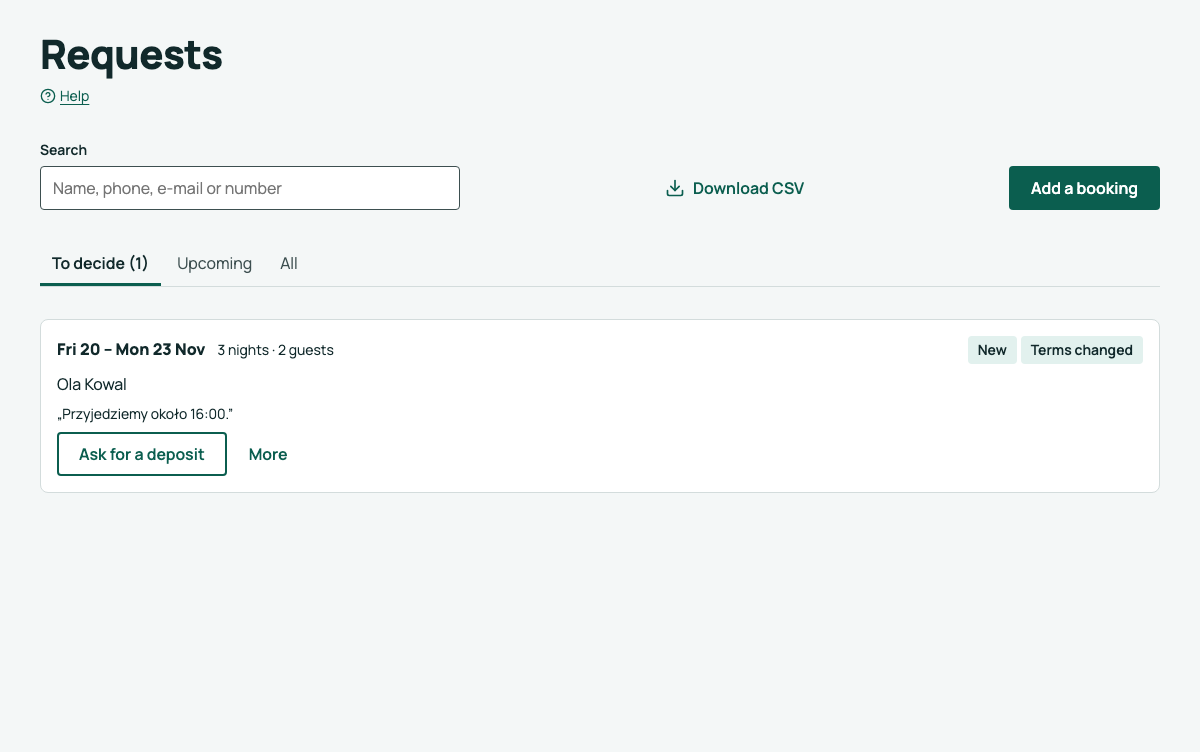 The list of requests in the host dashboard
