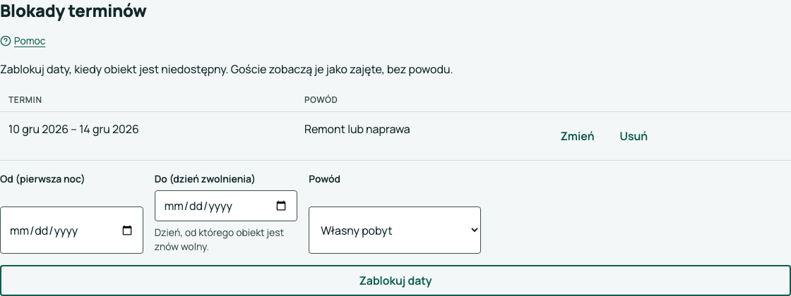 Sekcja Blokady terminów